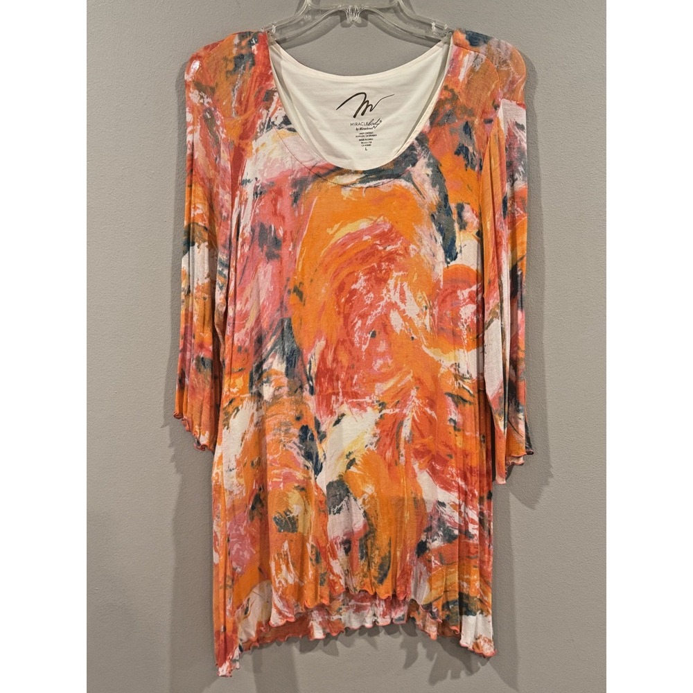 MiracleBody by MiracleSuit Orange Yellow Tunic Top Shapewear 3/4 Sleeve Resort L